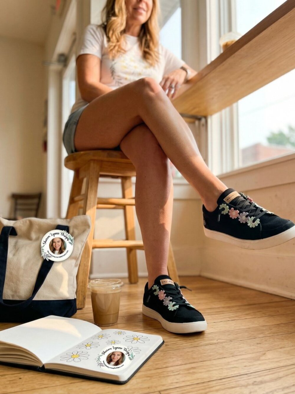 Maui & Sons Black Sneakers w/ Pastel Daisy Eyelets - Picture 3 of 12